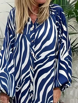 Plus Size Women's Striped Long Sleeve Shirt Dress Fashion Lantern Sleeve Dress Elegant Button Decoration Casual Long Dress 5