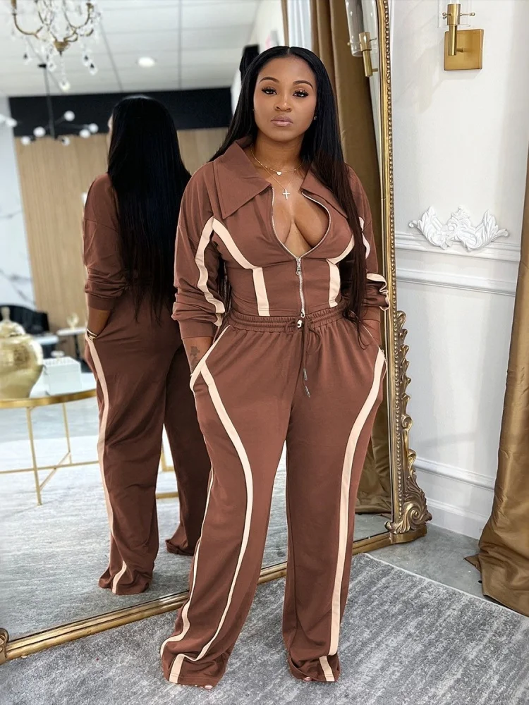 Wmstar Women's Fall and Winter Color Blocking Long Sleeved Cardigan Sporty Two Piece Fashionable Casual Set New Style 2025