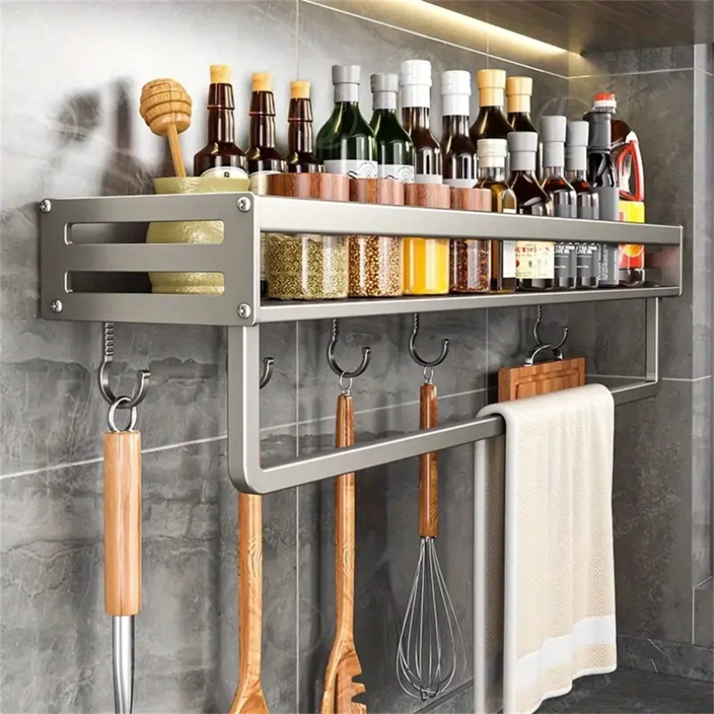 Wall-Mounted Kitchen Storage Rack Multifunctional Spice Shelf Wall Shelf  Hanging Hook Rack Condimenters Organizers Holder 3