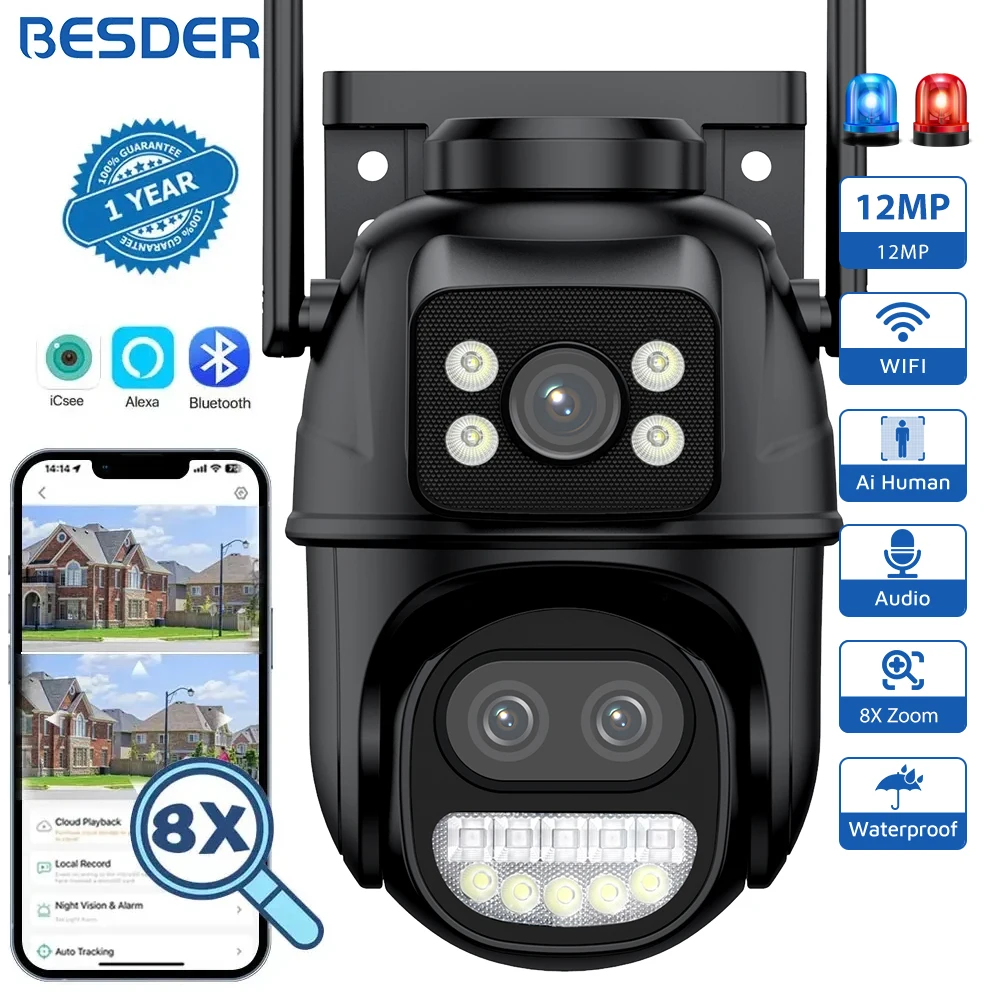 

12MP Wifi Camera PTZ 8X Digital Zoom Dual Screen Color Night Vision Outdoor Security Protection 8MP CCTV IP Camera 4K iCSee App