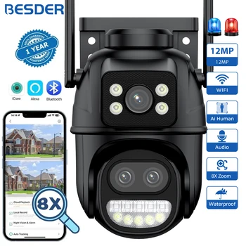 12MP Wifi Camera PTZ 8X Digital Zoom Dual Screen Color Night Vision Outdoor Security Protection 8MP CCTV IP Camera 4K iCSee App 1