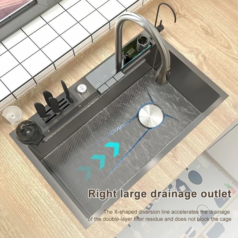 Double Waterfall Kitchen Sink Modern LED Display Kitchen Sink with Flexible Tap Smart Stainless Steel Sink with Accessories 3