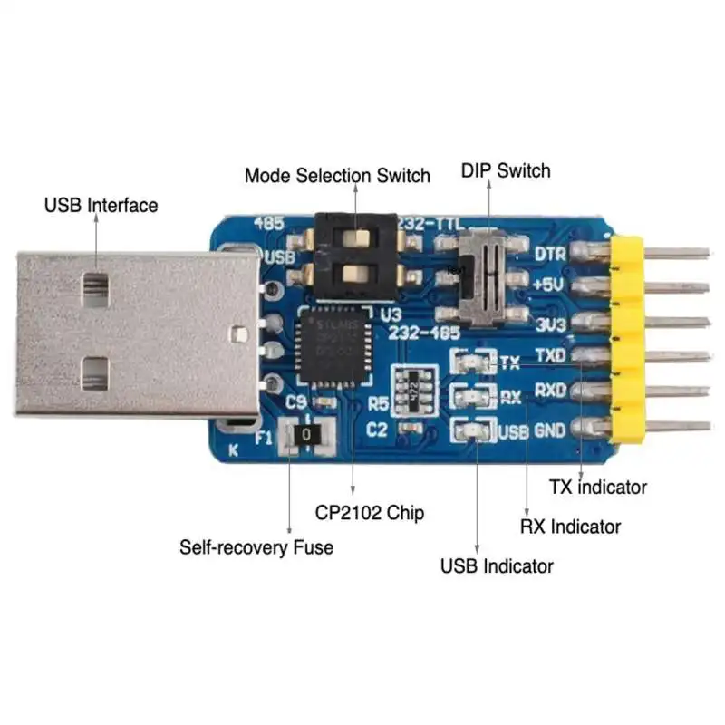 듀폰 케이블 직렬 모듈 변환기, CP2102 USB 2.0-TTL 6-in-1 직렬 포트, 485 232 직렬 어댑터, 3.3V, 5V