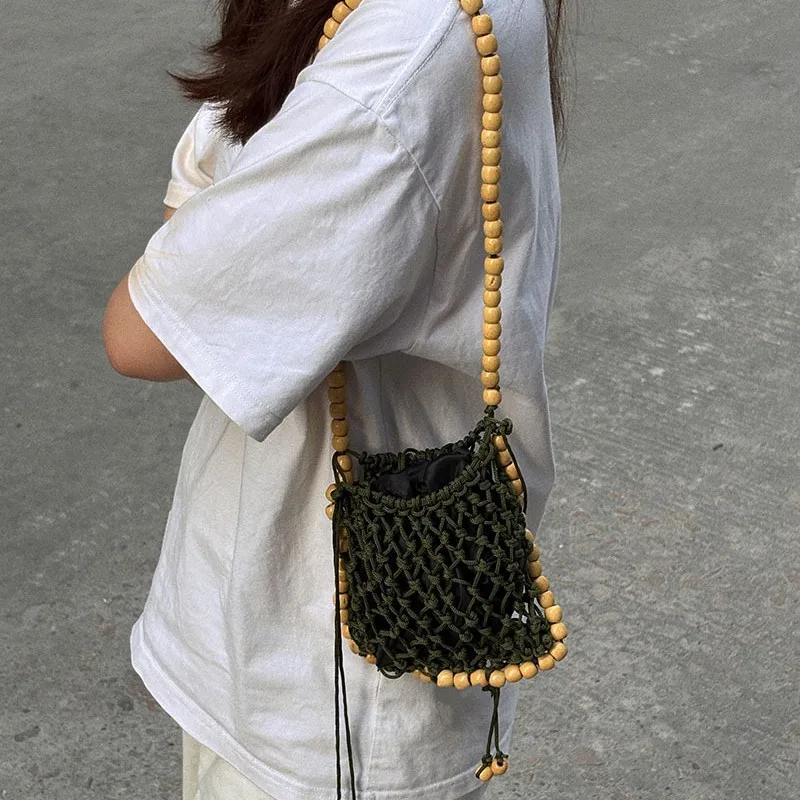 Fashion Nylon Rope Woven Handmade Handbag Hollow Out Fishnet Casual Bag Small Bell Shoulder Underarm Bag Female Mobile Phone Bag