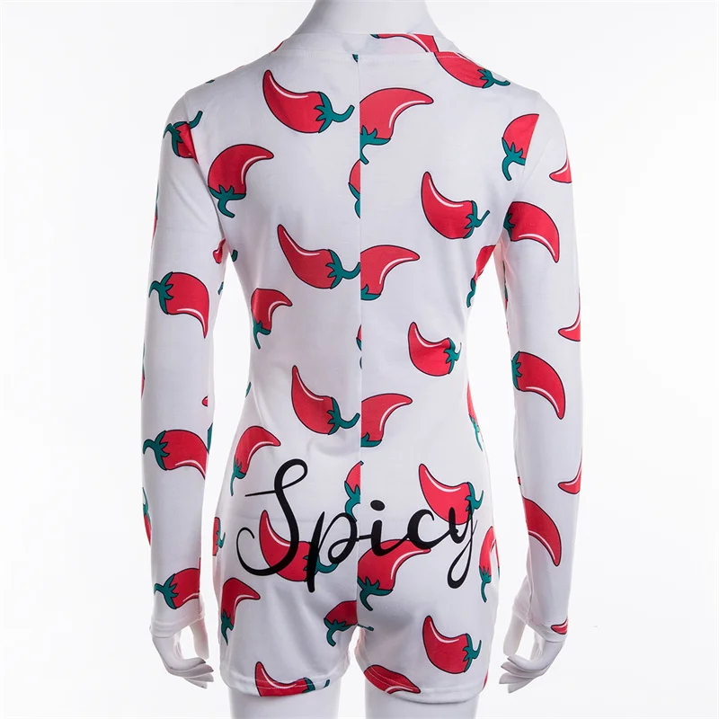 Women Long Sleeve Low Cut Bodycon Sleepwear Spicy Print Short Romper Pajamas Overalls Spring Autumn Housedresses