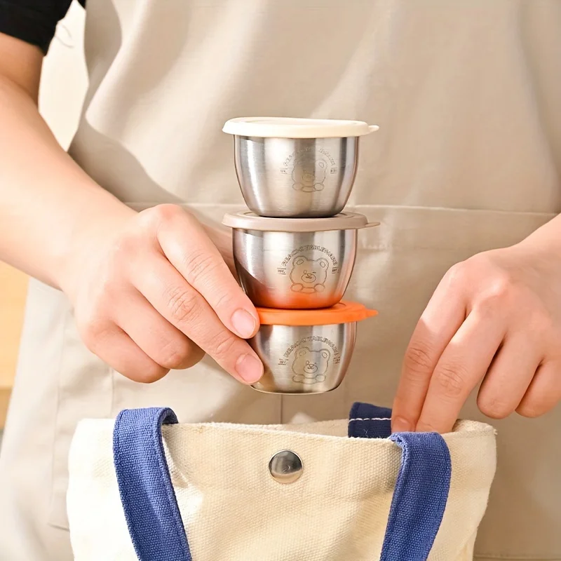 Stainless Steel 304 Seasoning Box Stylish 6-Grid Dip Dish with Leak-proof Lid - Sauce Cups for Ketchup/Spices Airtight Kitchen