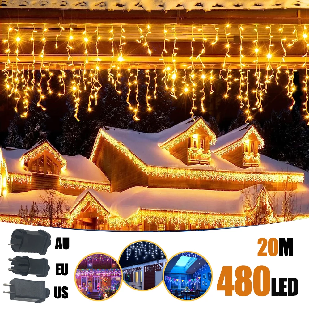 Icicle String Lights 6.5200LED/20M480LED Christmas 40Drops 8 Modes Plug in Curtain Waterproof for Holiday Wedding Party Garden