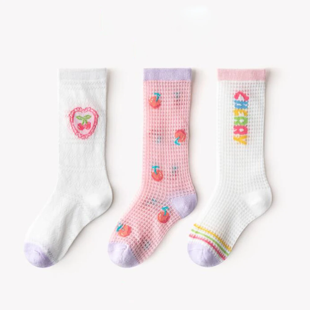 

3 Pairs/Lot Toddler Girl Socks Summer Floral Mesh Breathable Fashion Knee Length Kids Crew Socks