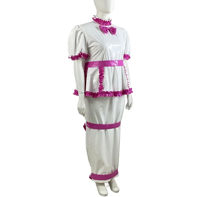 Wetlook PVC Puff Sleeve Long Hobble Dress with Lock 3