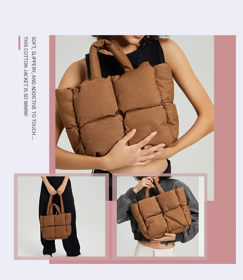 Padded denim puffer tote bag for women front view