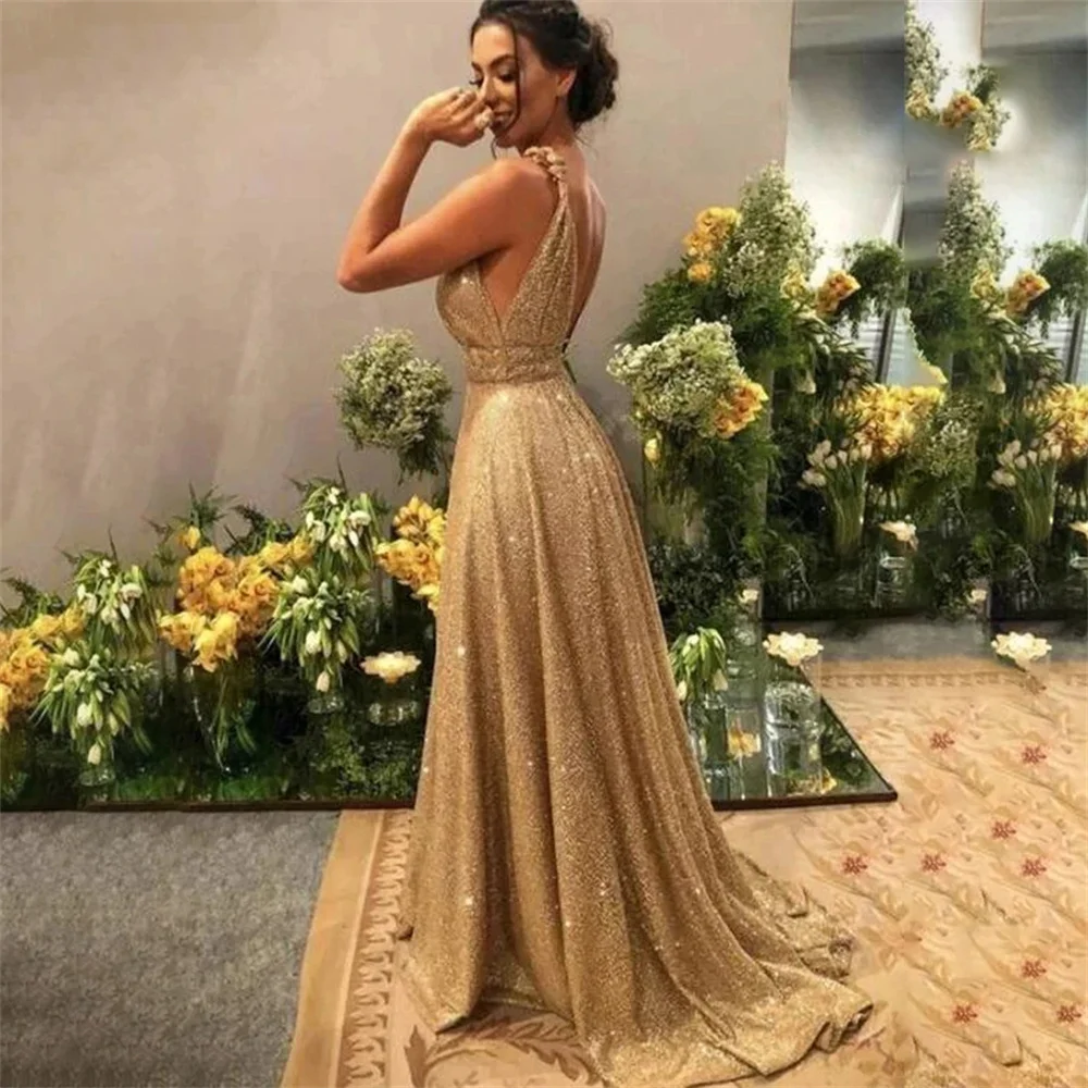Lily Golden Shining Prom Dress V Neck Party Dress Spaghetti Strap Celebrity Gowns Backless Wedding Party 프롬 드레스 Customized