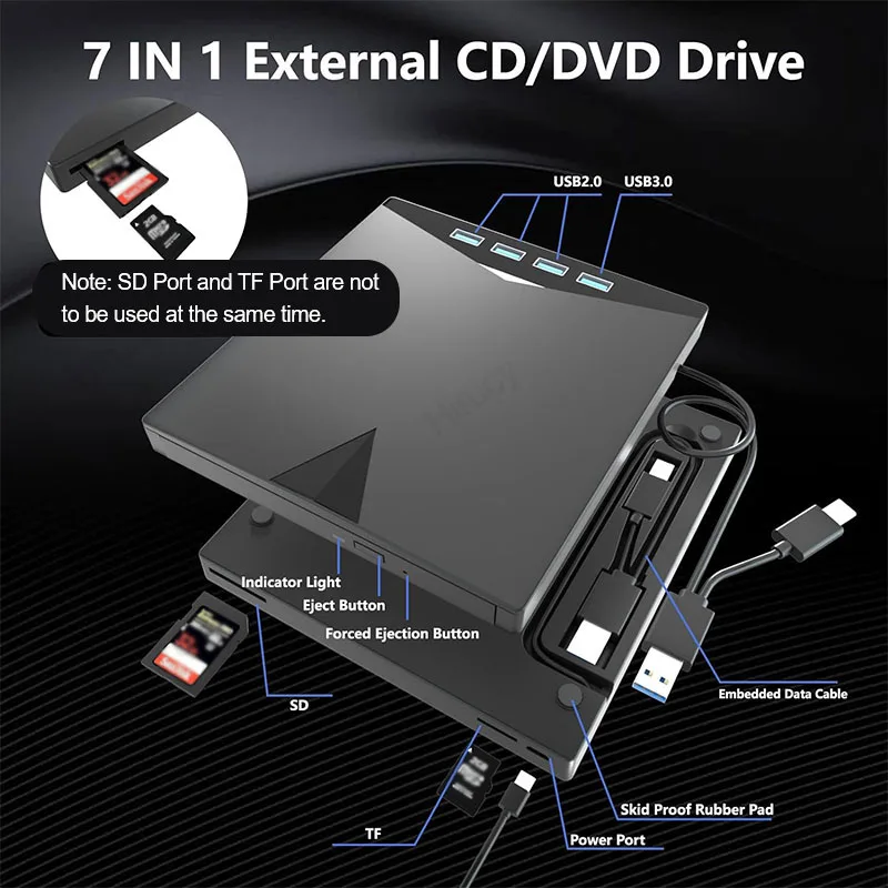 외장 DVD CD RW 광학 드라이브, 휴대용 DVD 버너, USB 3.0 SD TF 카드 슬롯 CD 플레이어 라이터, 노트북 PC 윈도우용