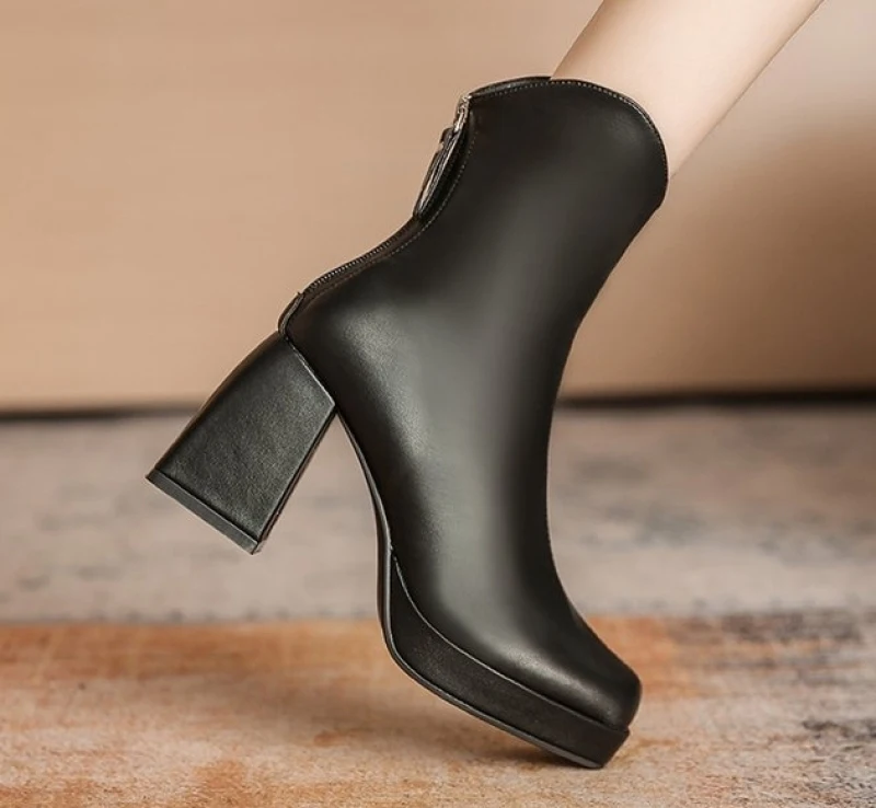 2024 New Fashion Casual Winter Warm Plush Zippers Ankle Boots Ladies Elegant Thick High Heel Fashion Square Toe Short Boots