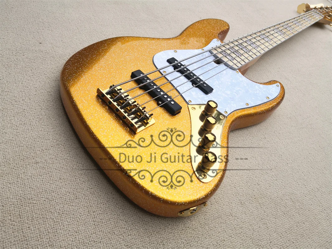 5 Corde Basso Jaz Bass Gold Flash Bass Basswood Body Maple Fingerboard White Pearl Intarsio Ponte Fisso Gold Tuners