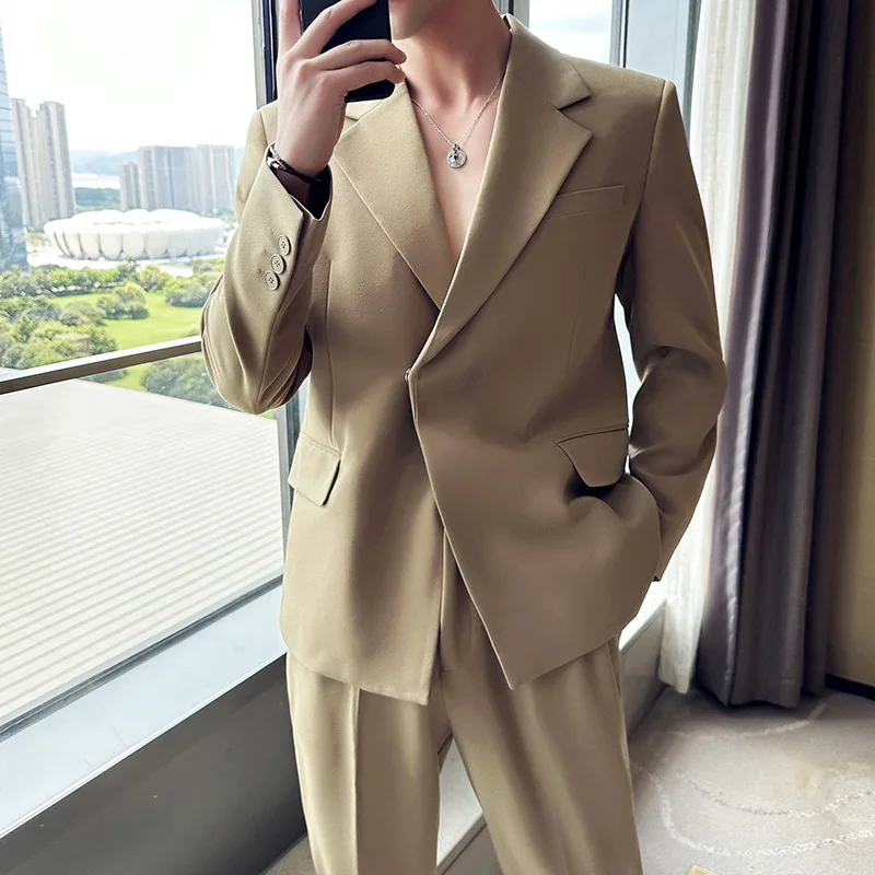 

British Style Suit Set Men's Slightly Wide Drop Suit 2 Piece Set (Jacket+Pants) Casual Business Wedding Groom Dress Suits