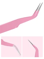 GROINNEYA 1 PC Eyelash Tweezers With Fiber Tips Pink Professional Steel High Precision for Volume Fans Lashes Extensions Makeup 2