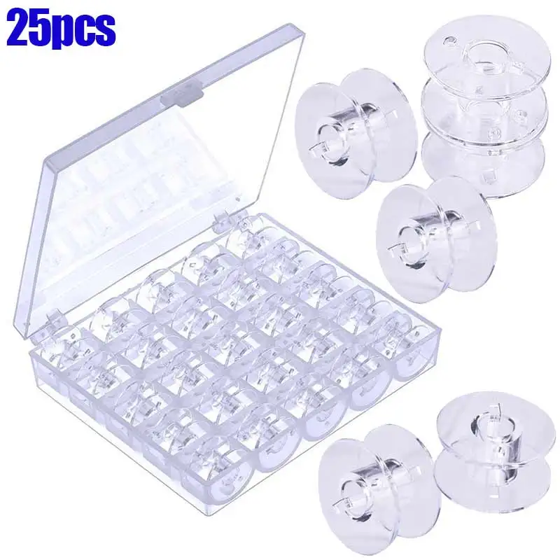 25Pcs Empty Bobbins Sewing Machine Spools Clear Plastic with Case Storage Box for Brother Janome Singer Elna TP-Hot