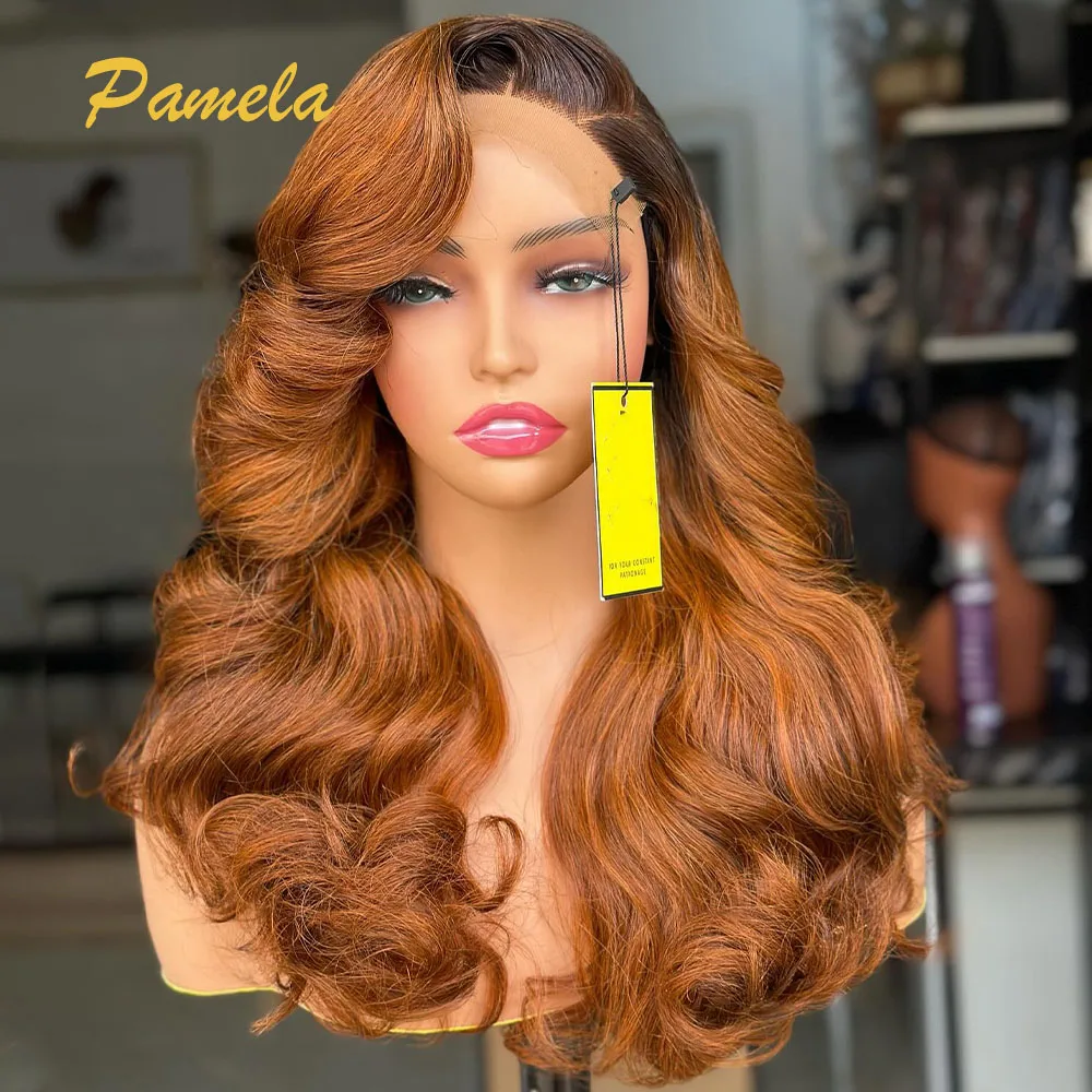 Highlight 250 Density Body Wave Honey Blonde Chocolate Color 13x4 Transparent Lace Front Gluless Wig Human Hair Ready To Wear