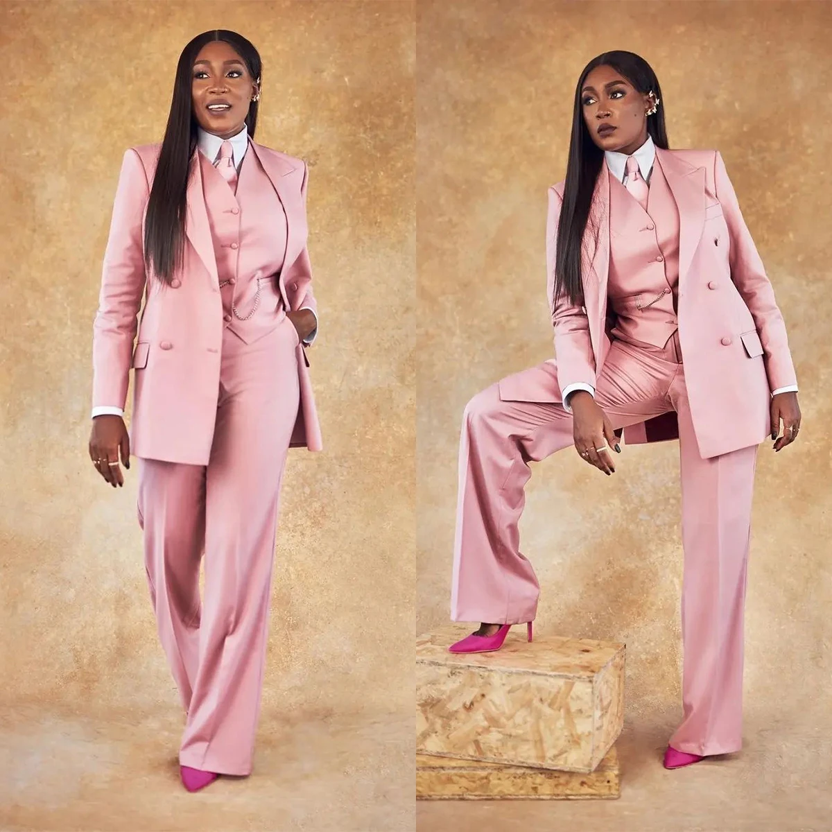 Women Party Dresses Classic Pink Women 3 Pieces Vest Jacket Pants Casual Plus Size Peaked Lapel Pocket Blazer Fashion Elegant Africa Daily Dresses