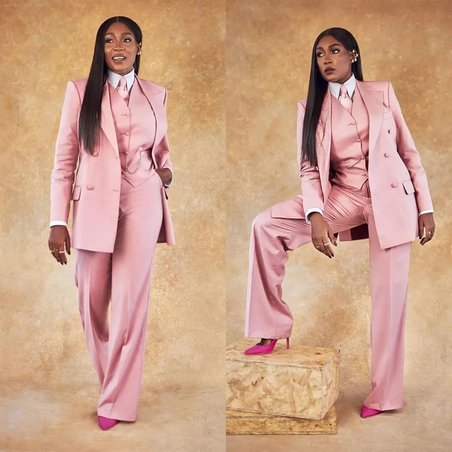 Classic Pink Women 3 Pieces Vest Jacket Pants Casual Plus Size