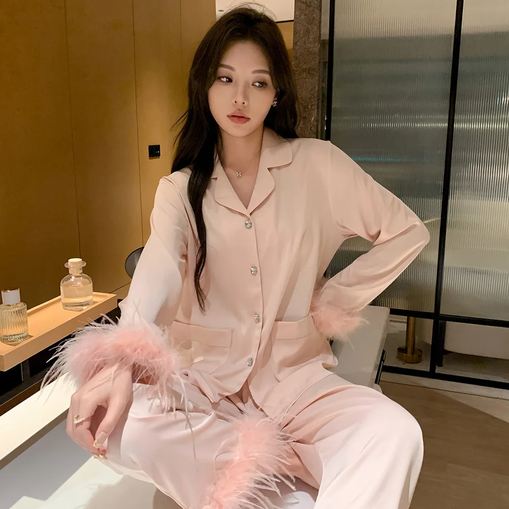 

Twinset Lapel Pijamas Suit Summer Women Feather Cuff Long Sleeve Nightwear Sleepwear Silky Satin Pajamas Home Clothes