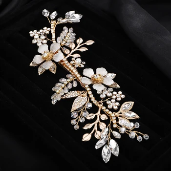 Gold Rhinestone Flower Leaves Wedding Hair Accessories Crystal Bridal Hair Clips Fashion Bride Headpiece Party Headdress Tiaras