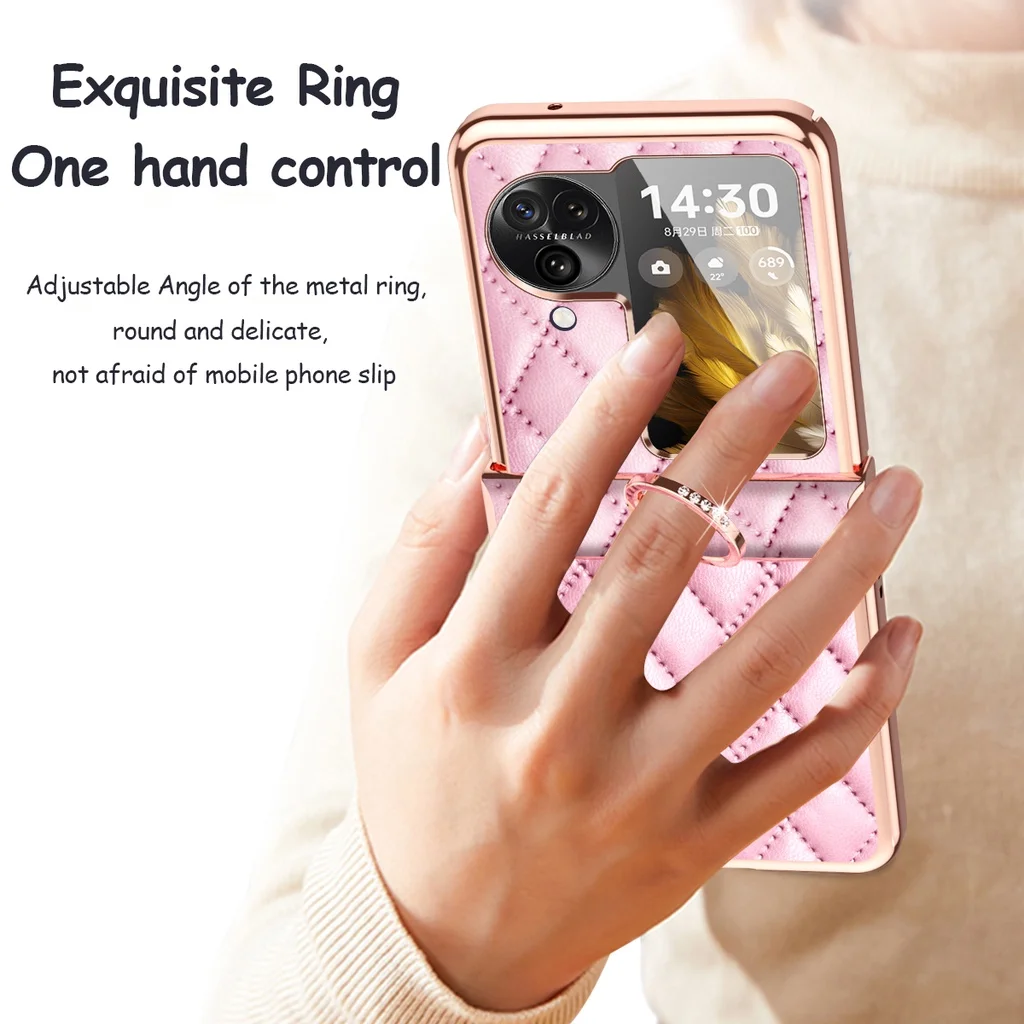 Luxury Rhombus Leather Ring Stand Case For OPPO Find N3 Flip Plating Metal Frame Lens protective Flash Drilling Bracket Cover
