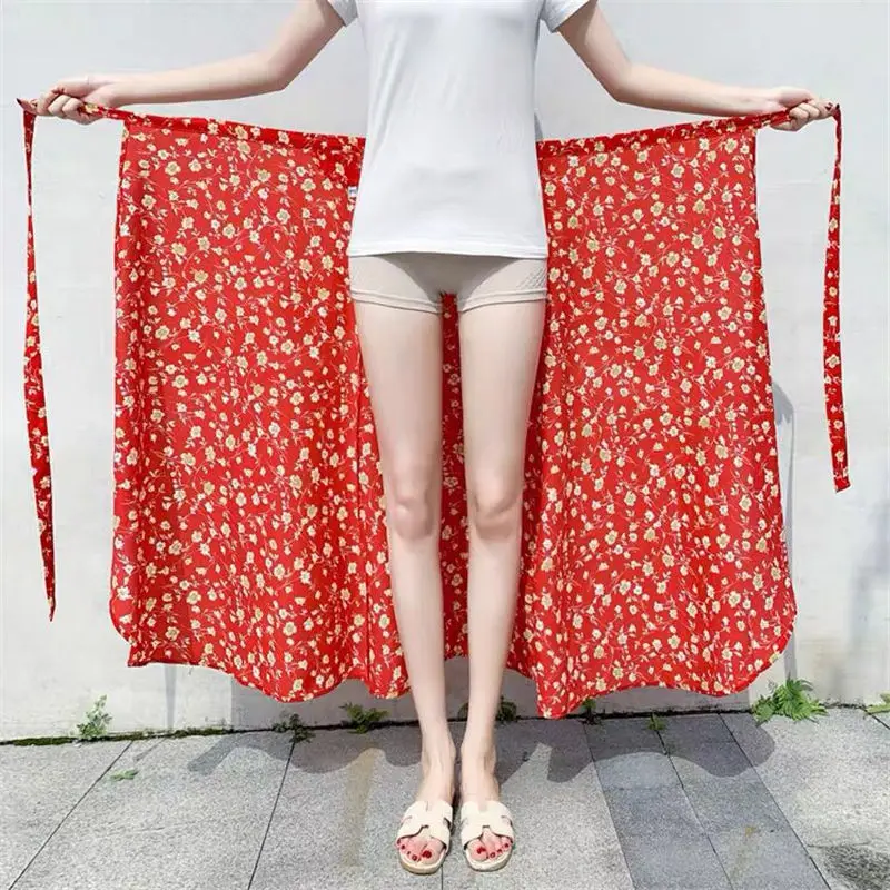 2024 Summer Fashion Wrap Skirt Women Casual Chiffon One-piece Lace-up High Waist Irregular Ruffle Loose Floral Print Skirts X238