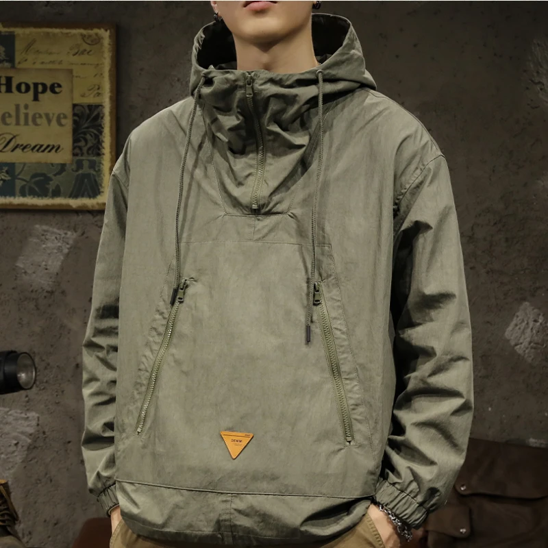 

Army green cargo hooded hardshell jacket men's top coat Fashion trend youth outdoor leisure plankton handsome windproof jacket