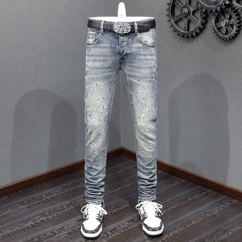 

Fashion Streetwear Men Jeans Retro Blue Stretch Skinny Fit Ripped Jeans Men Beading Painted Designer Hip Hop Brand Pants Hombre