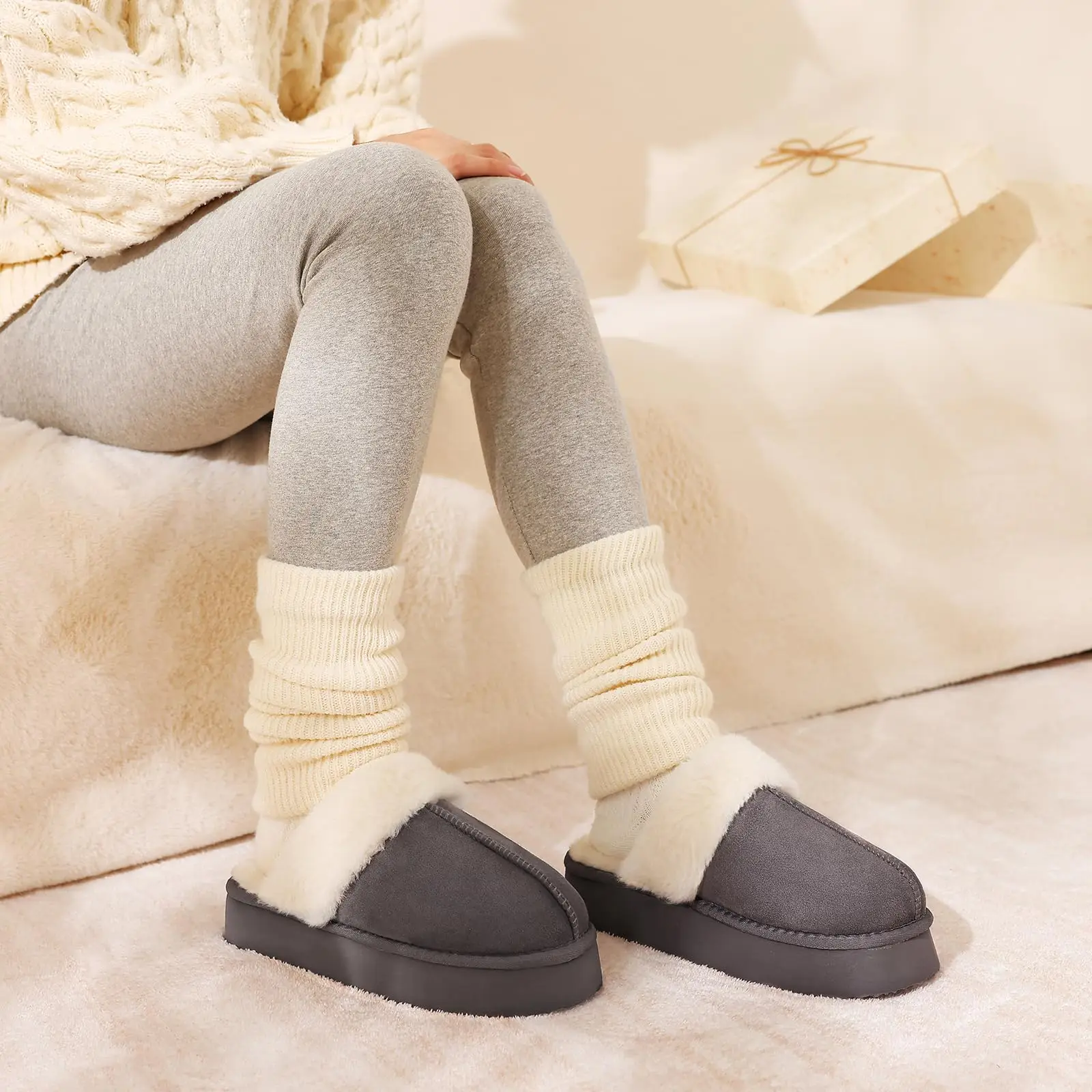 Shevalues Winter Fuzzy Women Slippers Fashion Fur Slippers Soft Thick Sole House Outdoor Anti-Slip Fluffy Furry Slipper