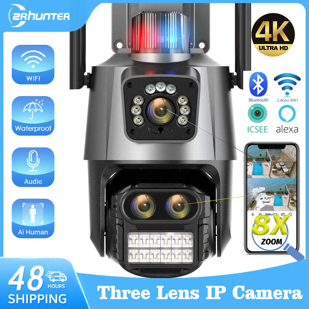 

ZRHUNTER 8MP 4K IP Camera Three Lens Dual Screen Outdoor WiFi Video Surveillance 8X Digital Zoom PTZ CCTV Security Camera ICSEE