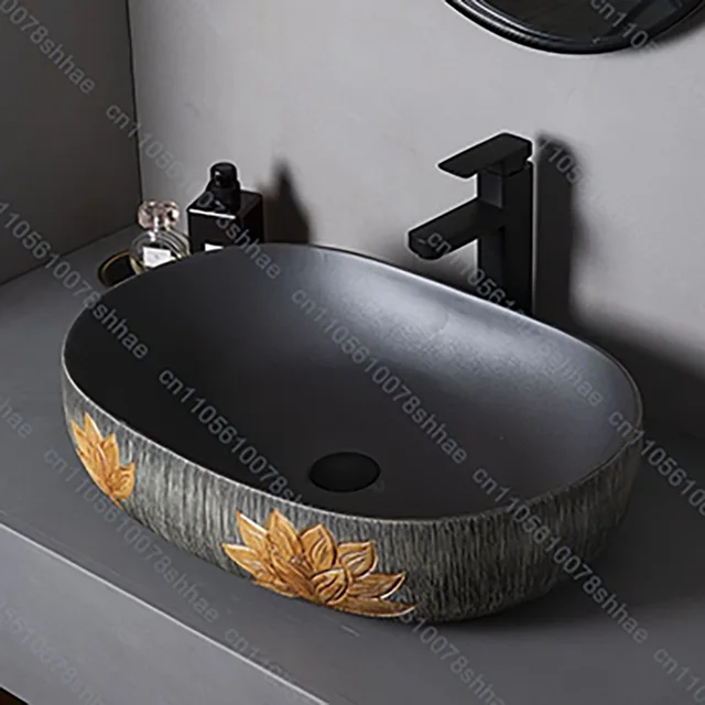อ่างล้างหน้าเซรามิกวินเทจสำหรับห้องน้ำ ระเบียง อ่างล้างหน้าสไตล์เรโทร อ่างล้างหน้าแบบวางบนเคาน์เตอร์ อ่างล้างหน้าศิลปะ 1
