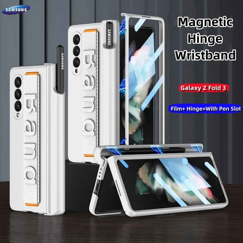 

Wristband Phone Case For Samsung Galaxy Z Fold3 5G Origina Magnetic Hinge Kickstand With Film Full Coverage Pen Slot Shell Funda