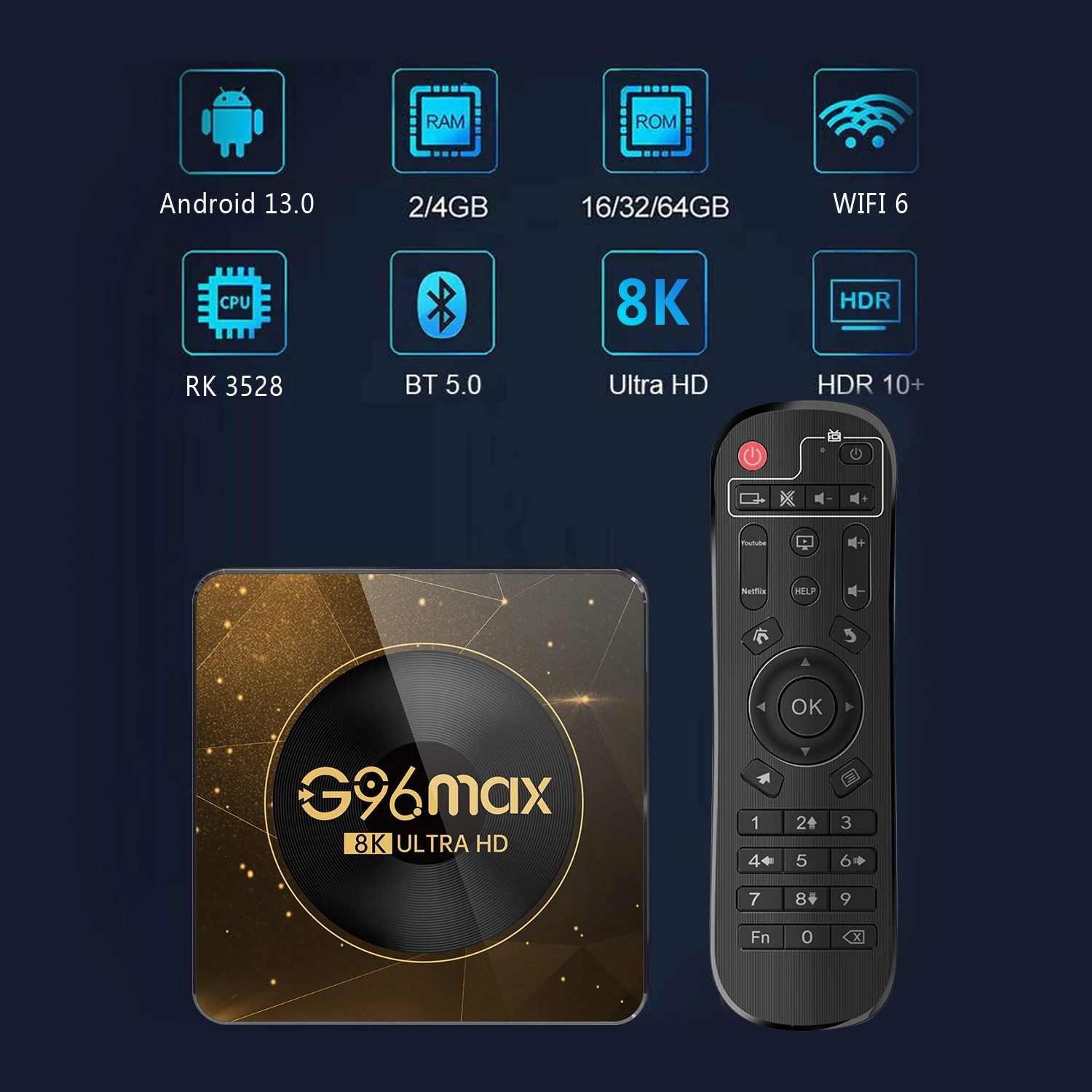 BLKJ G96 maxi Android 13 chytrá TV skříňka amlogic RK3528 2.4G&5G 4GB 64GB BT5.0 wifi6 4K 8K AV1 video média hráč tvbox sada káča skříňka