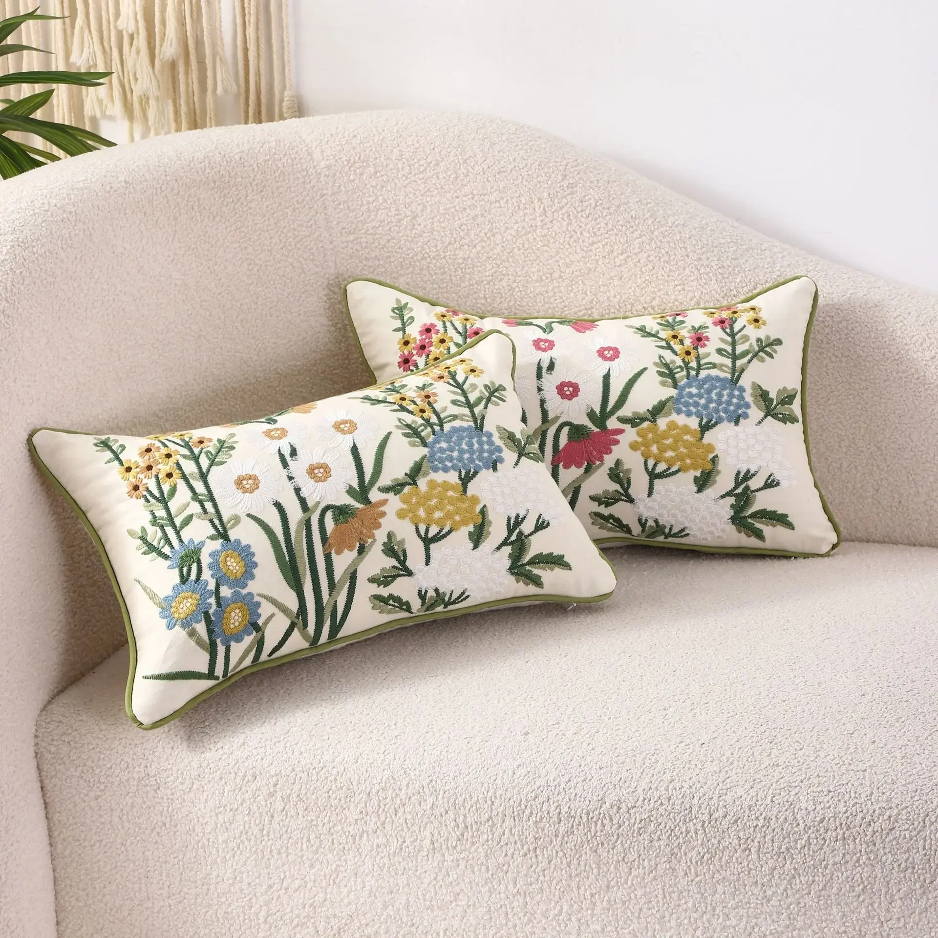 

Floral Embroidered Cushion Cover 28x48cm Farmhouse Yellow Pink Flower Pillowcase Cotton Waist Pillow Cover Living Room Bedroom