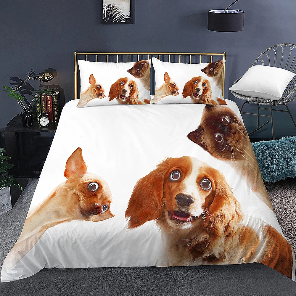 

3D Dog King Queen Full Twin Duvet Cover Funny Puppy Bedding Set Teens Adult Kawaii Pet Animal White 3pcs Polyester Quilt Cover