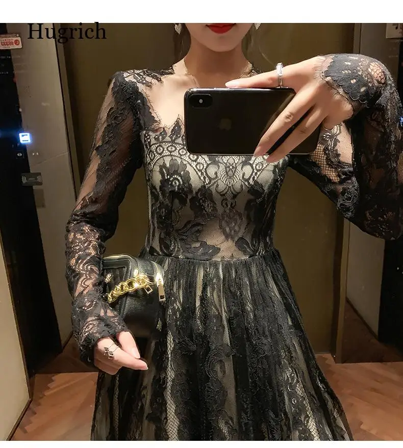 

Temperament Dress Female Autumn and Winter Dresses New Lady Long-Sleeved Lace Fairy Skirt Dress Gauze Skirt Long Robe Outfit