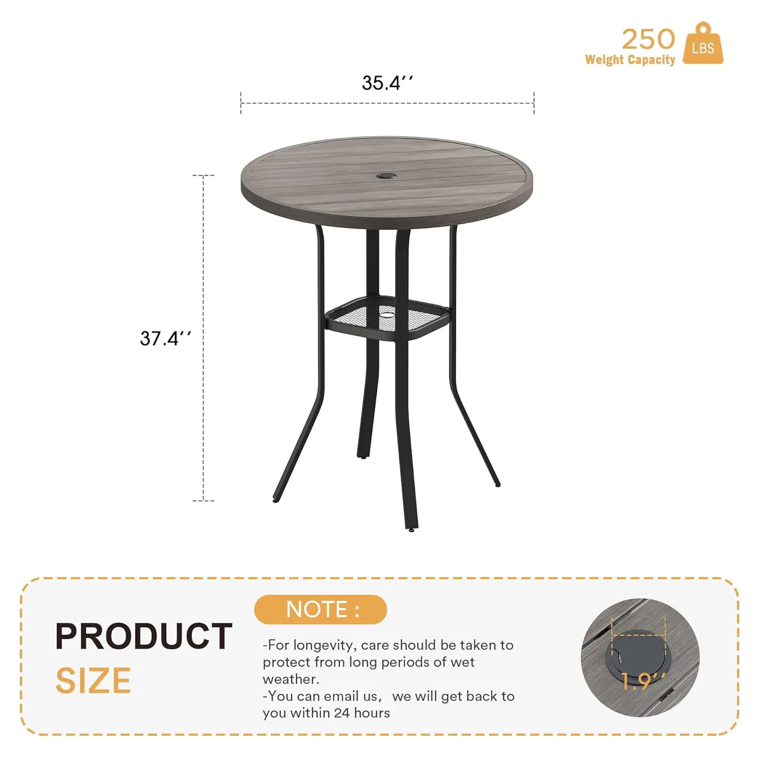 35.5" Round Outdoor Bar Table – Umbrella Hole, Grey Wood-Look 2