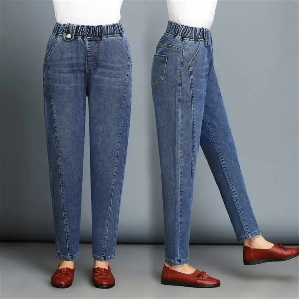 

Mom Jeans New Large Size Elastic High Waist Denim Pants Middle Age Women Loose Casual Straight Jeans Pants Female Trousers