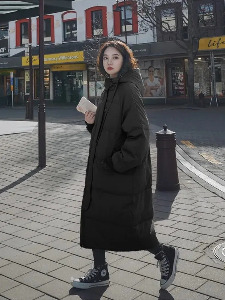 

Women Coat 2023 New Korean Version Loose Mid-Length Zipper Down Padded Jacket Hood Thick Winter Outwear Female Trend Куртка