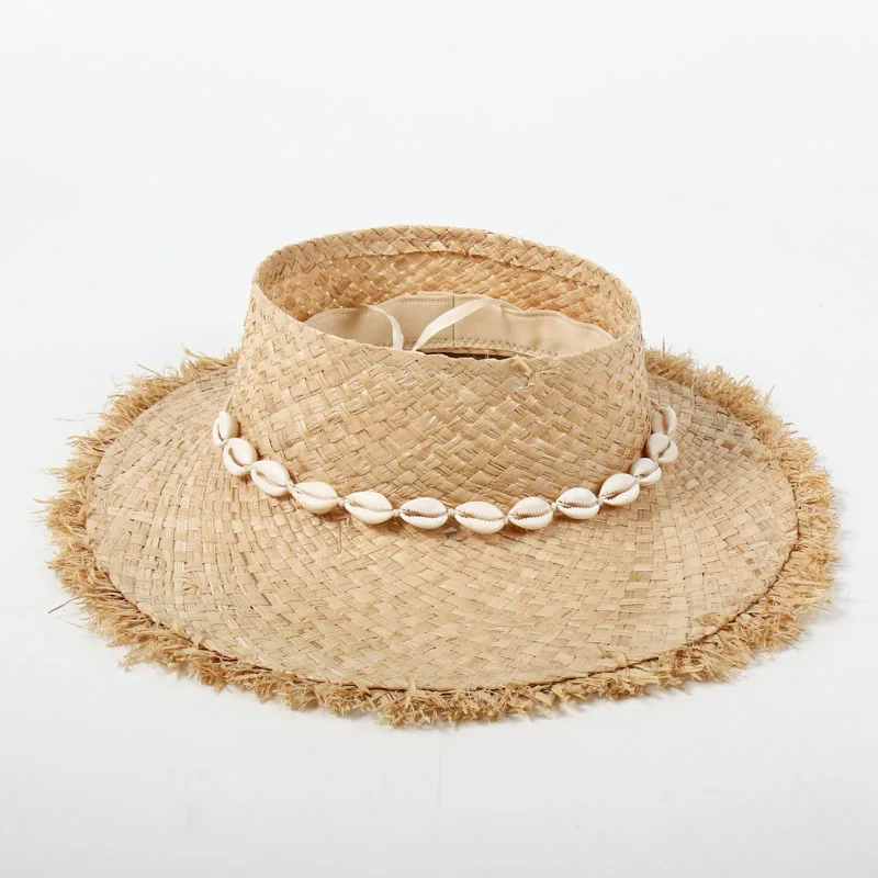 

Sun Visor Hats for Women Summer Foldable Rafffia Straw Beach Hat with Shell Pearls Deco UPF 50+