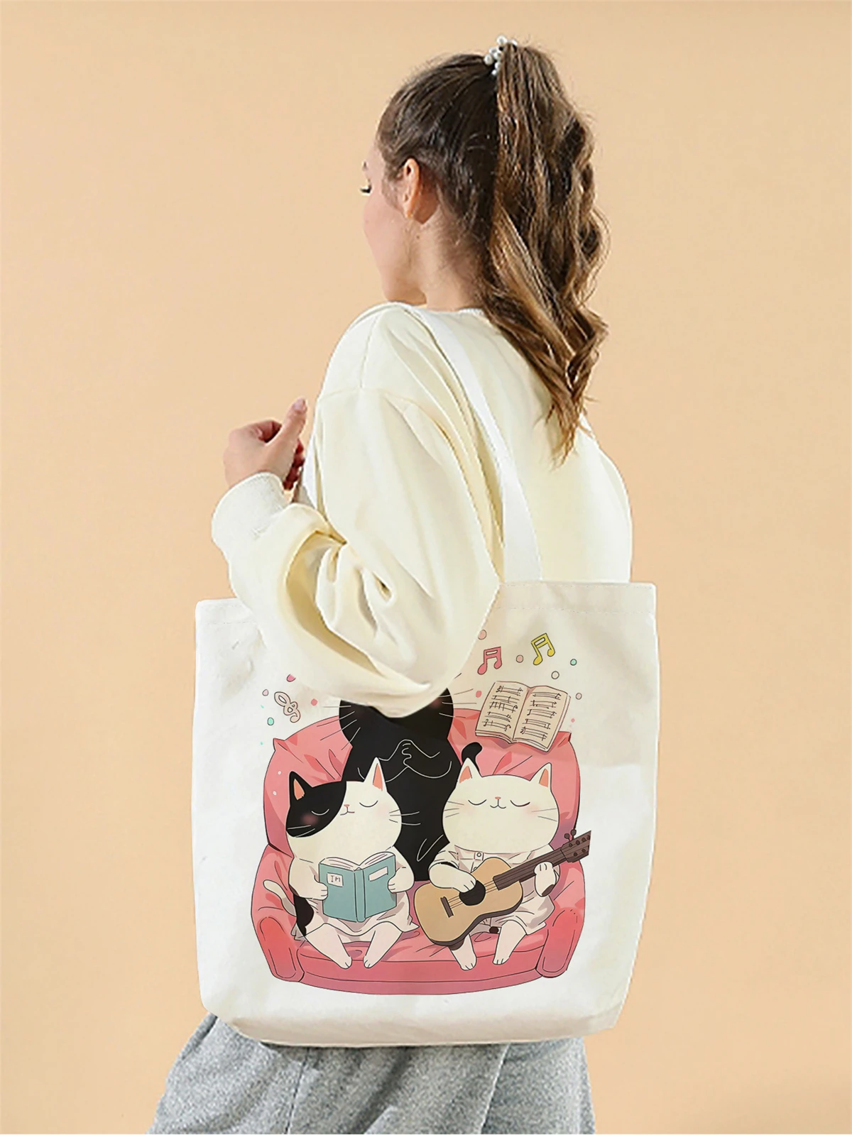 1pc,Music World Cat Handbag, Reusable Fashion Handbag, Multi functional Handbag, Printed Canvas Shopping Bag