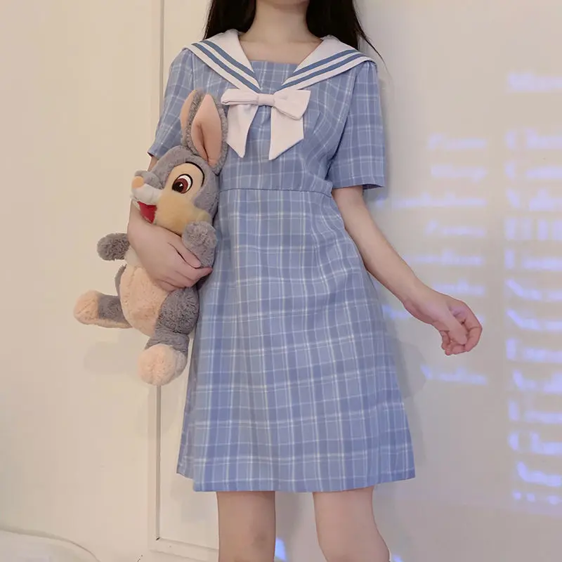 

Japanese Sweet Plaid Lolita Dress Women 2022 Summer New Thin Y2k Dresses Sailor Collar A-line Dress Female Slim Party Mini Dress