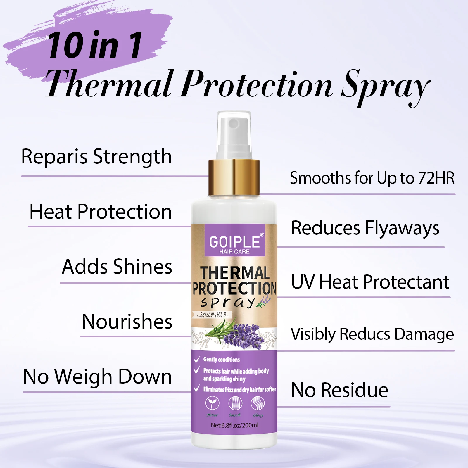 Hair Protection Spray GOIPLE Lavender Extract Heat Thermal Protection Spray Shine Moisturize Split Ends Protect Hair Damage for Natural Hair and Wigs