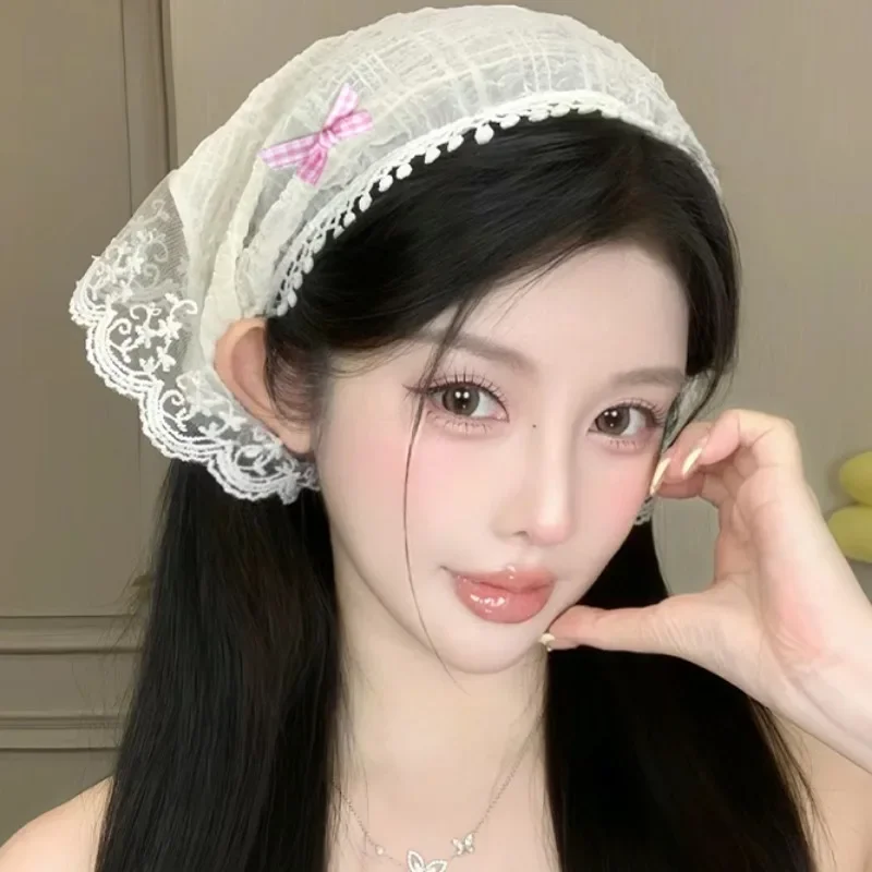 

Кружевной треугольный шарф с бантом, милый мягкий дышащий головной платок для женщин и девушек, повседневный уличный солнцезащитный головной платок, модный аксессуар
