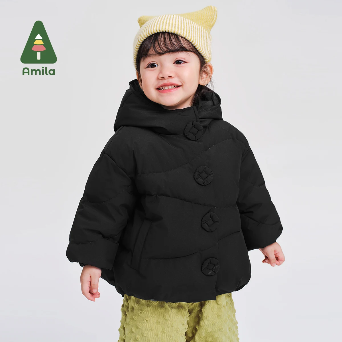 Amila Baby Down Jacket New Winter Girls Chinese Style Fishtail Design Hooded White Duck Down Warm Children's Coat