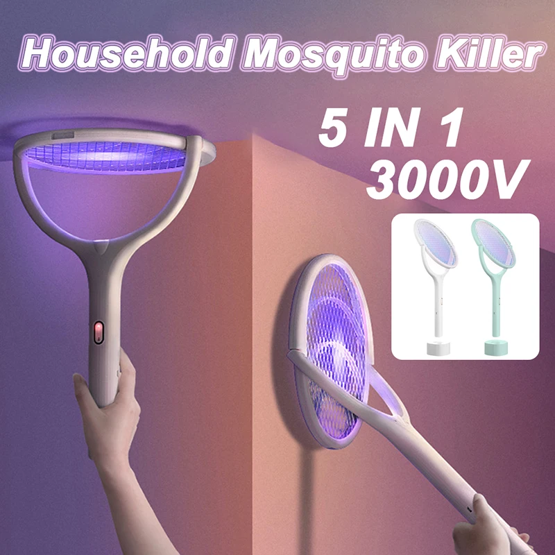 2022  Electric Mosquito Swatter 5 IN 1 Mosquito Killer Lamp 3500V USB Rechargeable Angle Adjustable Electric Bug Zapper Fly Bat