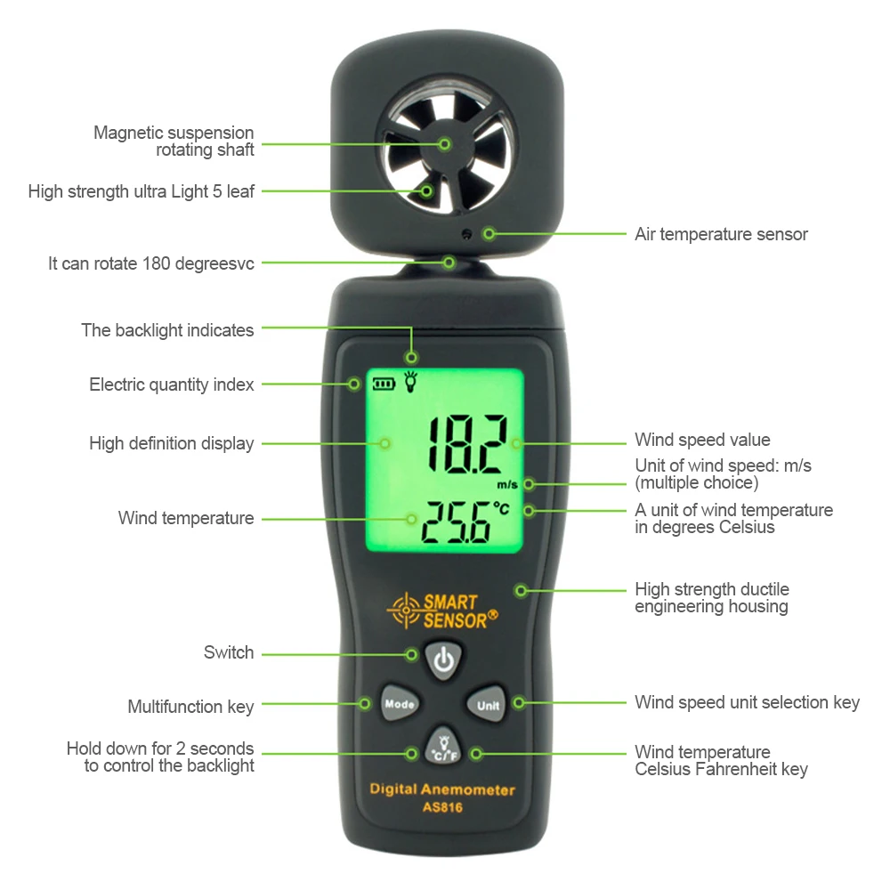SMART SENSOR AS816 Digital Anemometer Air Flow Wind Speed Gauge Meter 0.3-30M/S
