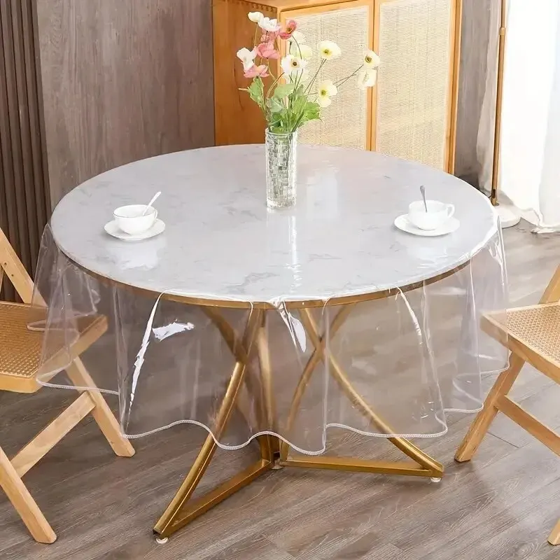 Table Protector Transparent Table Protector Tablecloth Lock Edge Round Waterproof Oil Resistant PVC Cover Stain Proof Wipeable Room Decorative